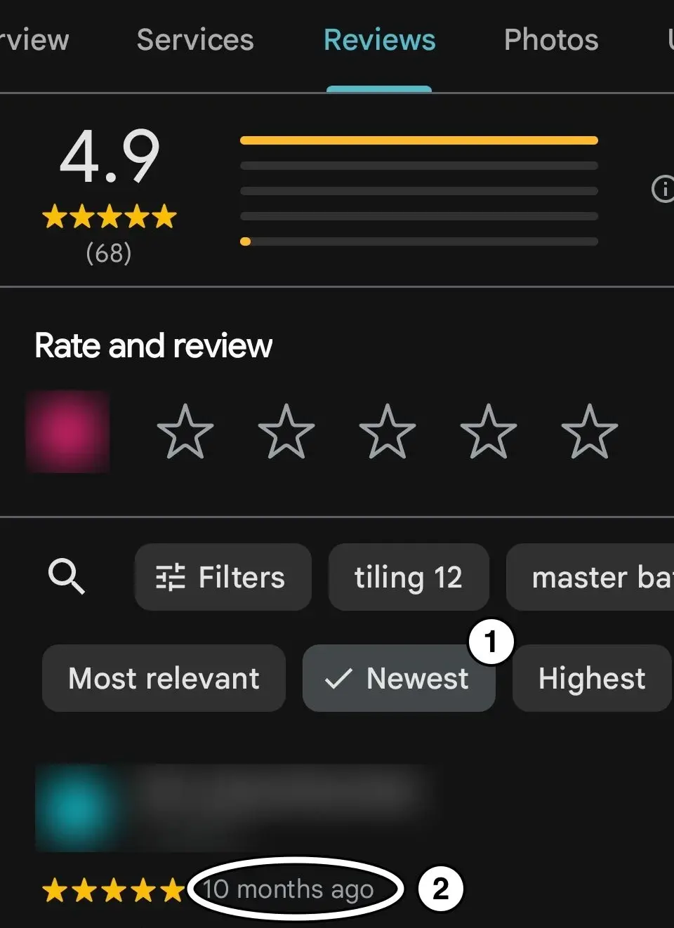Google Maps reviews of a San Antonio kitchen and bath remodeler, sorted by Newest. It is rated 4.9 from 68 reviews, and its newest review is 10 months old, so none came in the last 90 days.