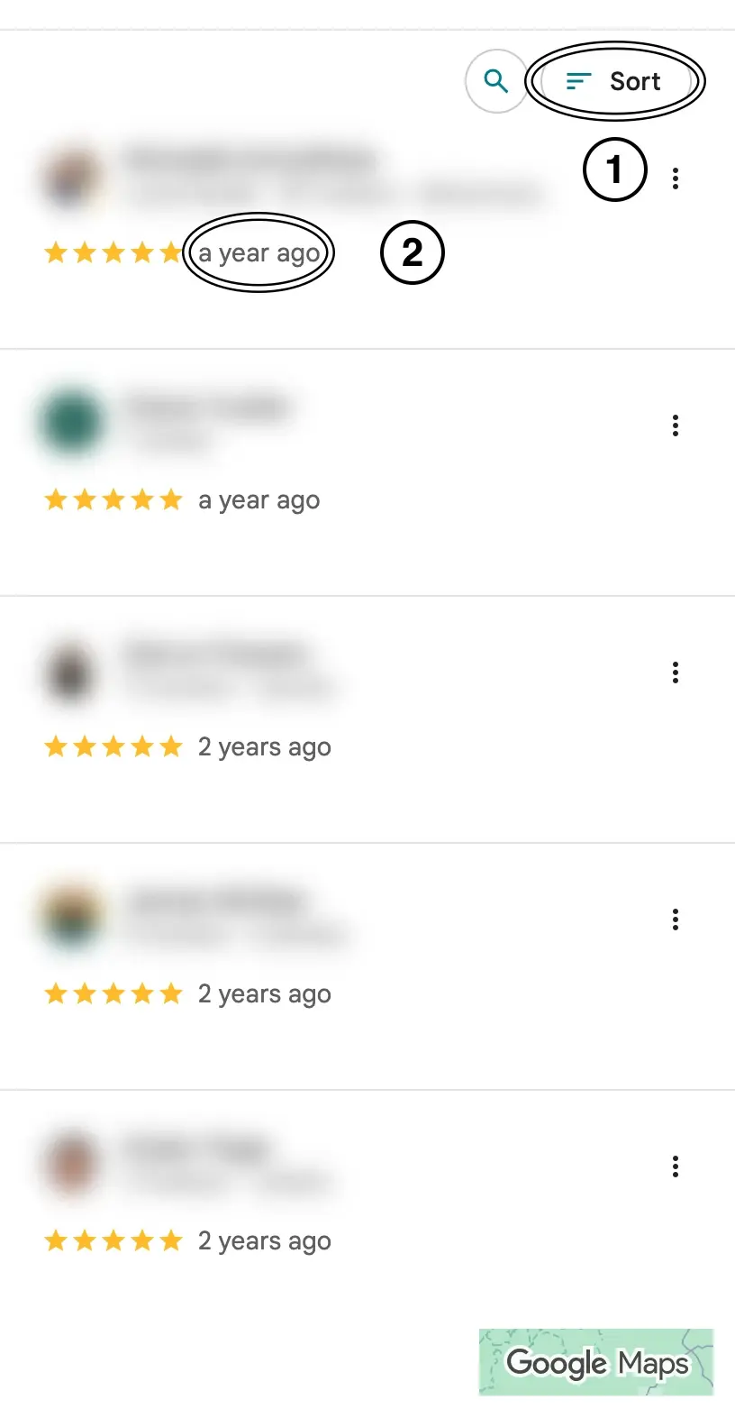 Google Maps reviews of a Columbus bathroom remodeler, sorted by Newest, with reviewers' names and photos blurred. The two newest reviews are a year old. The three below them are two years old.